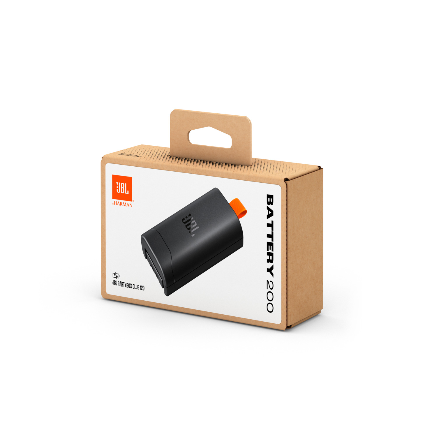 Un haut-parleur JBL Battery 200 dans une boîte marron avec le logo JBL et une poignée.