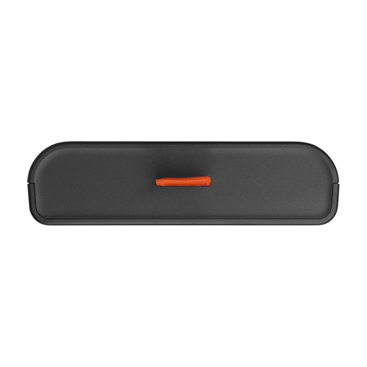 Étui de chargement rectangulaire noir avec une tirette en tissu orange.