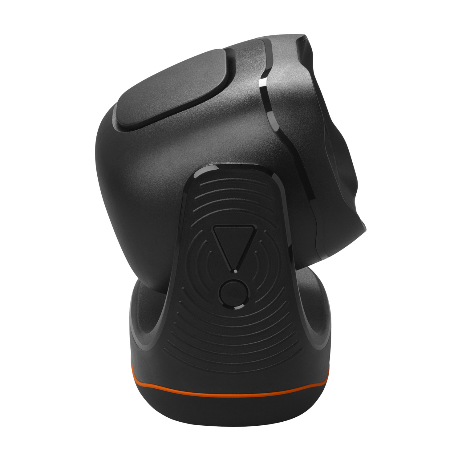 Een zwarte JBL-luidspreker op een zwarte basis met een oranje accent.