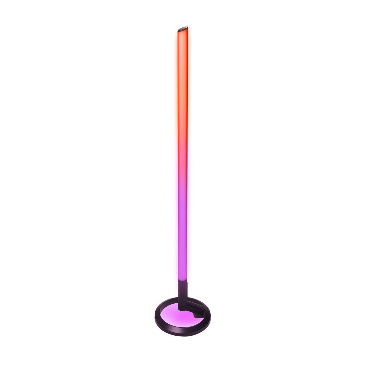 Een hoge, dunne LED-lichtbalk met een verloop van rood naar paars, met een zwarte basis.