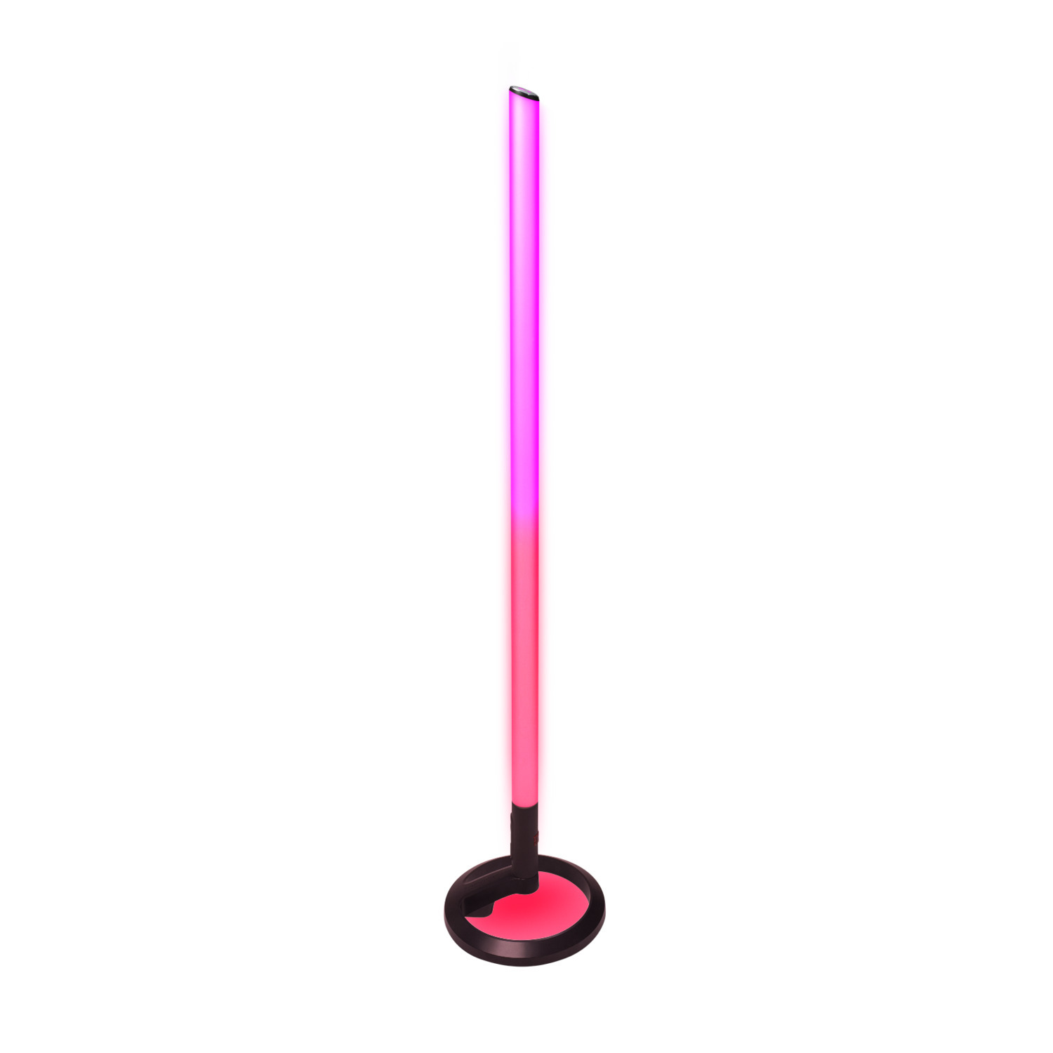 Een hoge vloerlamp met een roze en paarse gradiënt, staand op een zwarte cirkelvormige basis.