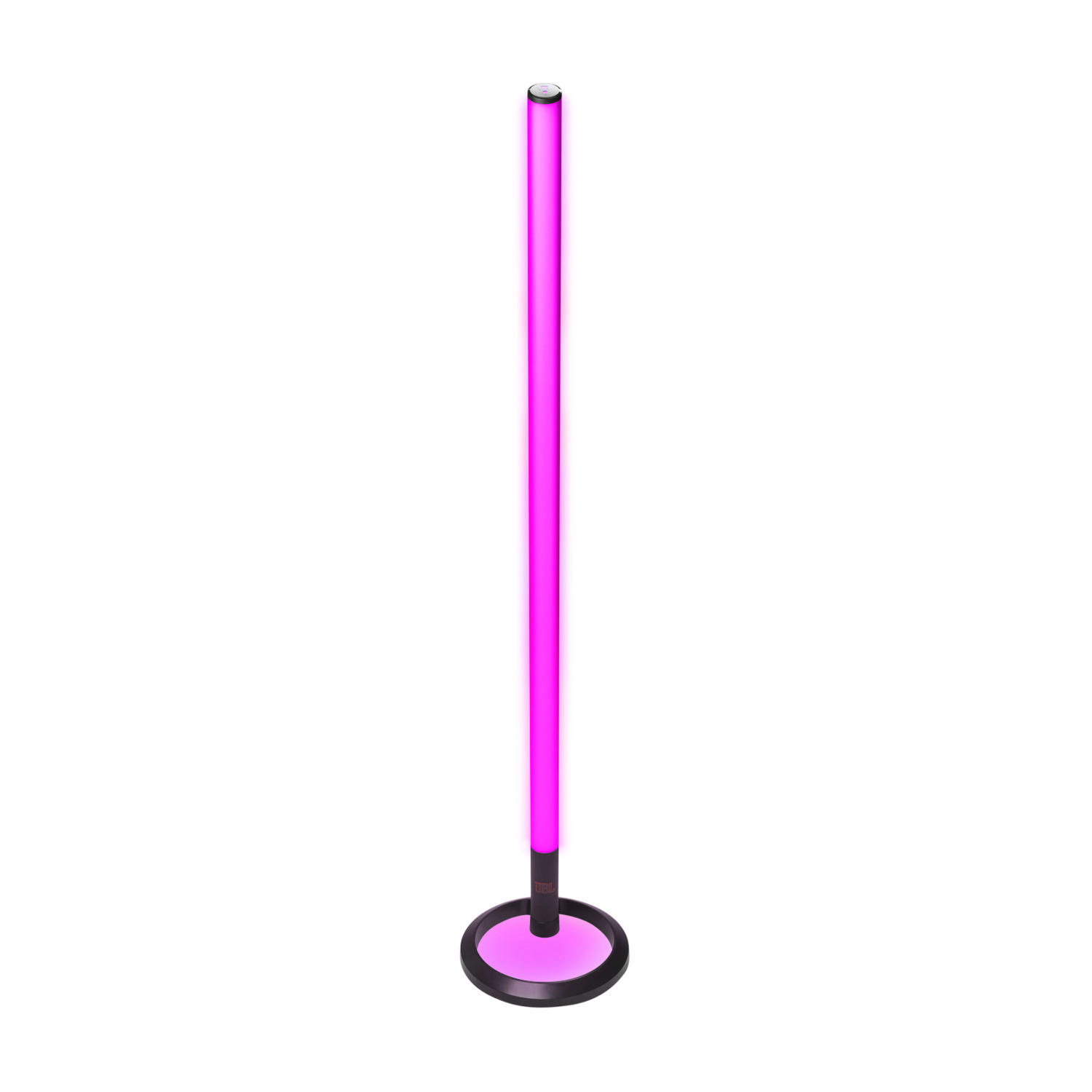 Een lange, dunne, roze LED-lamp staat op een zwarte cirkelvormige basis op een witte achtergrond.