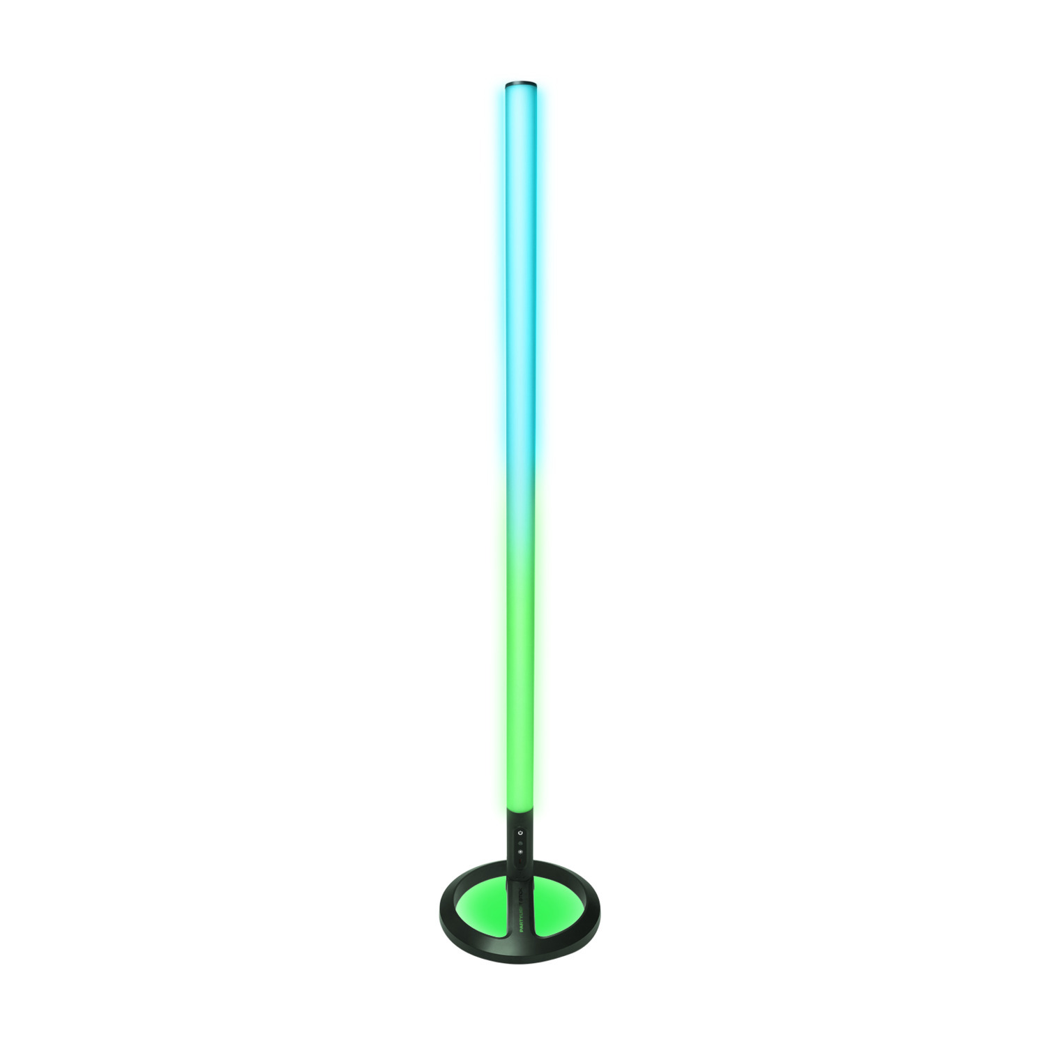 Een hoge, kleurrijke vloerlamp met een zwarte voet en een gradiënt licht.