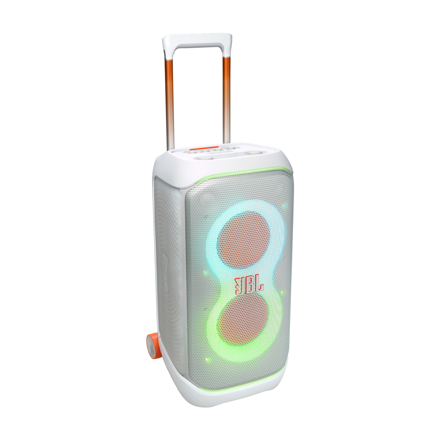Enceinte JBL blanche. Poignée et roues orange et blanches. Effets de lumière colorés. Fond noir.