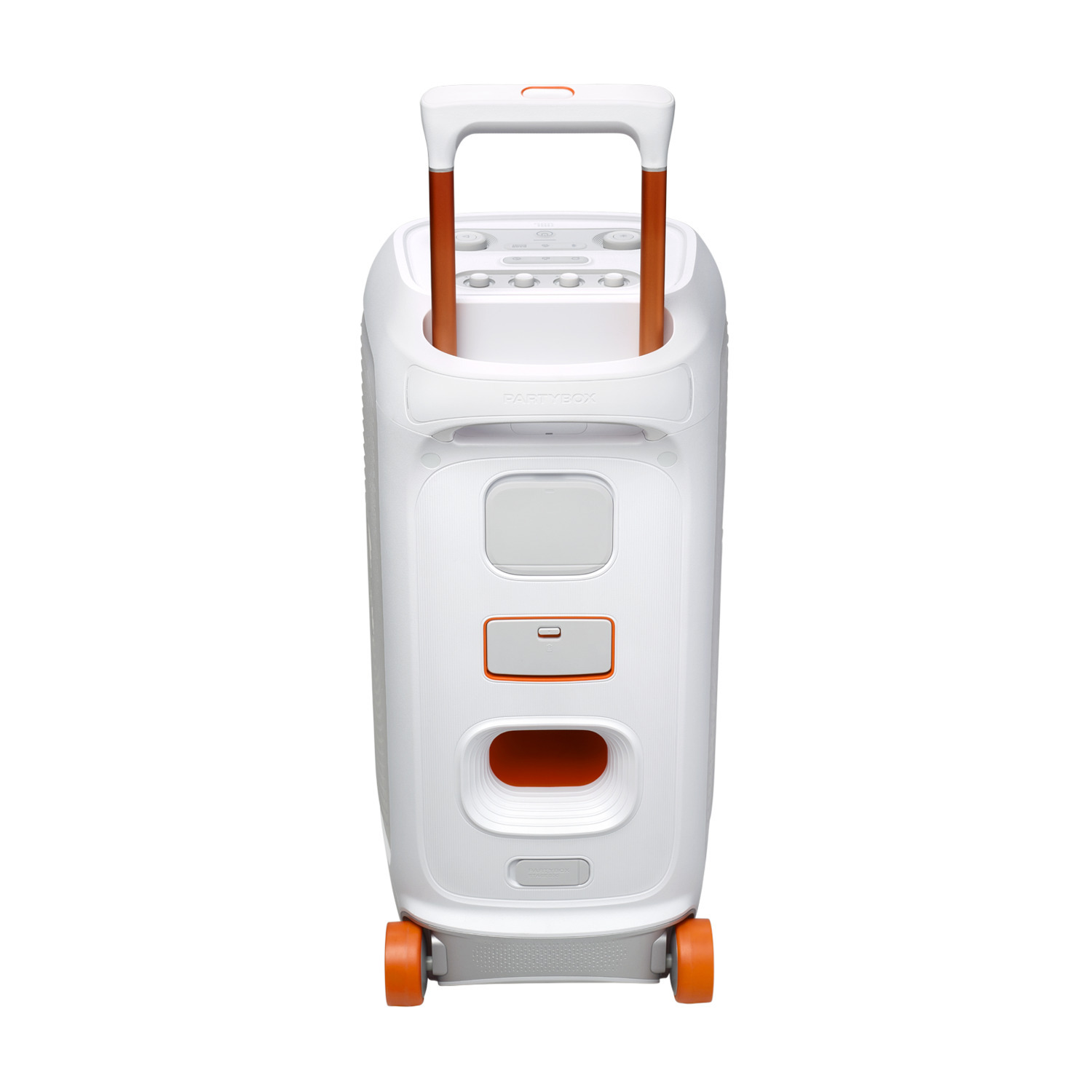 Haut-parleur blanc rectangulaire avec accents oranges, poignée et roues, sur fond blanc.