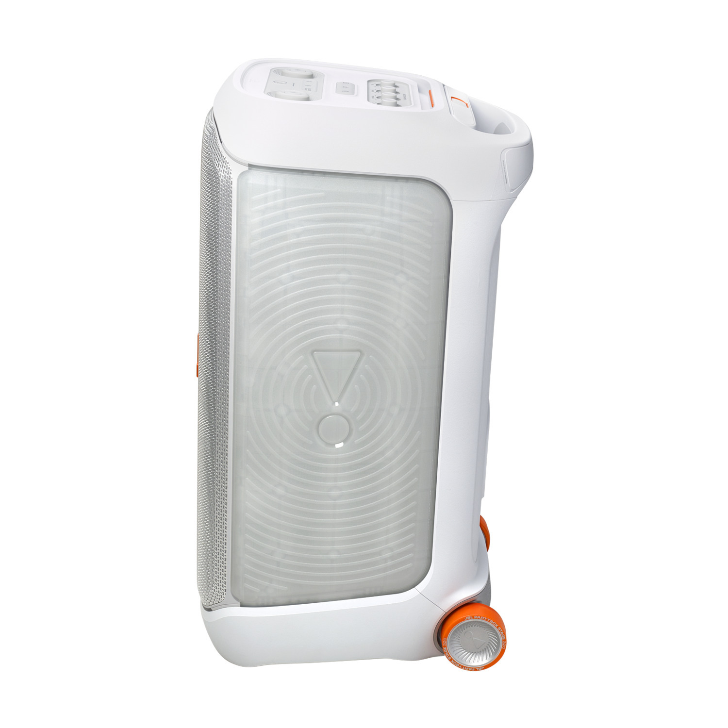 Enceinte JBL blanche avec des accents orange, sur fond blanc. Possède une façade en plastique transparent.