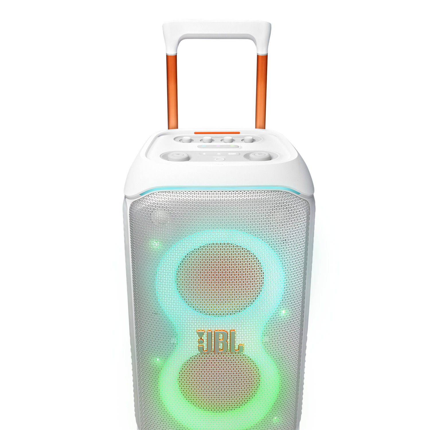 Enceinte de soirée JBL blanche avec poignée orange, lumières vertes et oranges brillantes.
