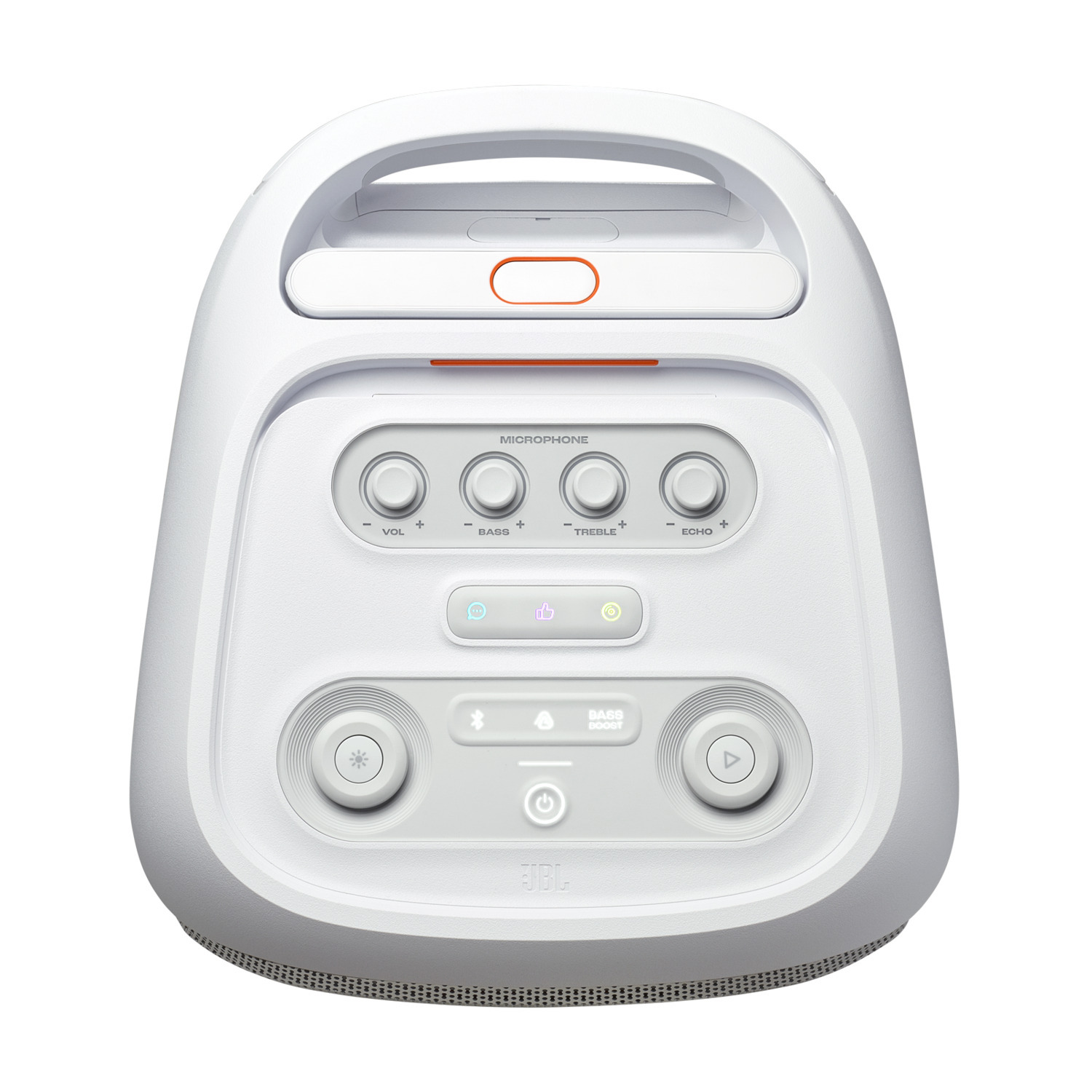 Enceinte JBL blanche avec une poignée, des boutons et un petit indicateur de microphone orange.