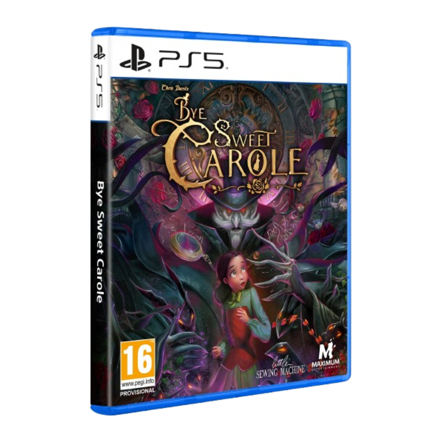 Boîte de jeu PS5, titre 'Bye Sweet Carole' avec une fille et un monstre. Boîtier bleu, note Pegi 16.