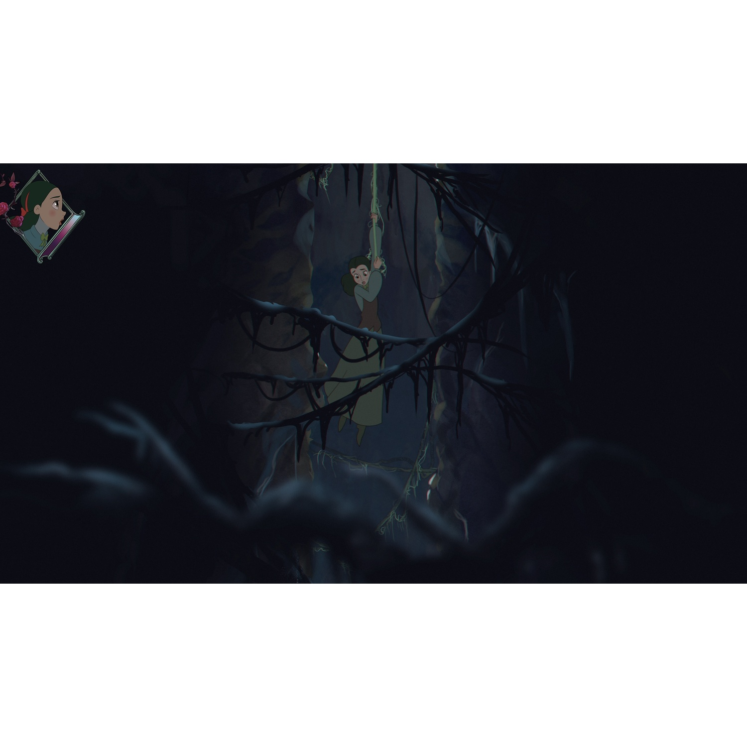 Un personnage de dessin animé suspendu à une corde dans une grotte sombre.