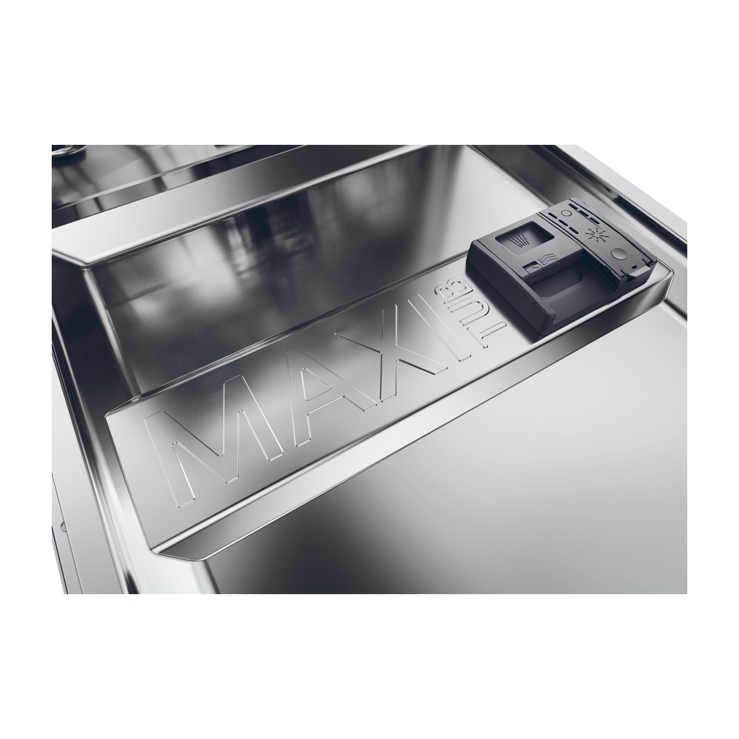 Interno lavastoviglie con base in acciaio inox e dispenser detersivo con etichetta MAX!