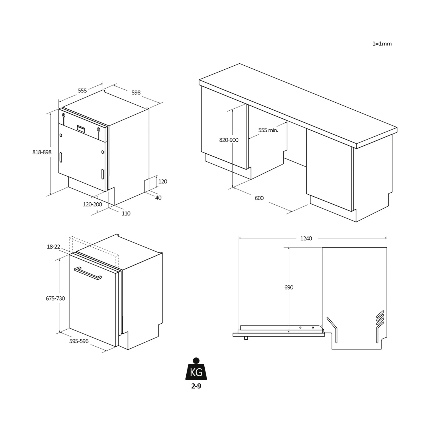 Disegni al tratto di lavastoviglie e dimensioni del bancone. Bianco e nero, con misure in millimetri.