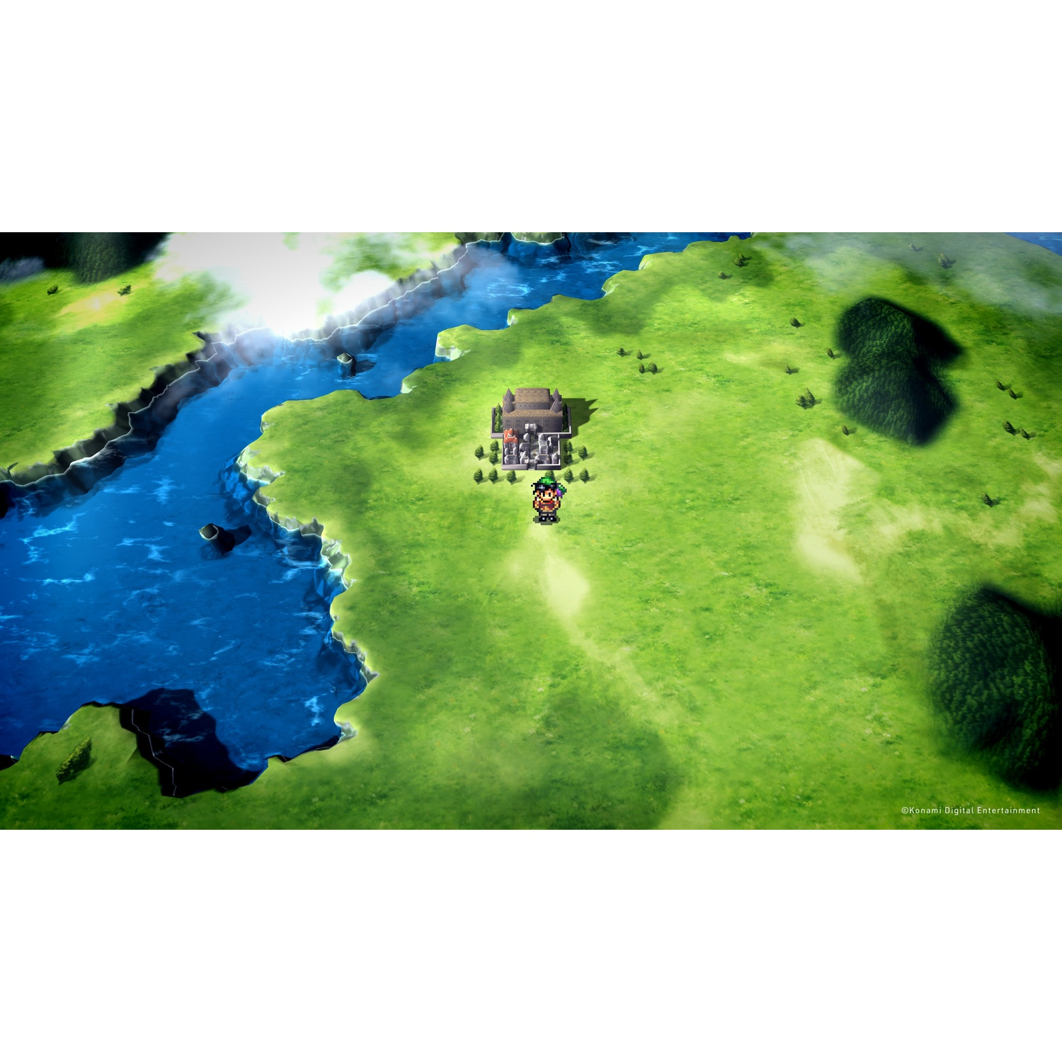 Overhead weergave van een gepixelde game scène, een huis, een karakter, rivier en landschap.