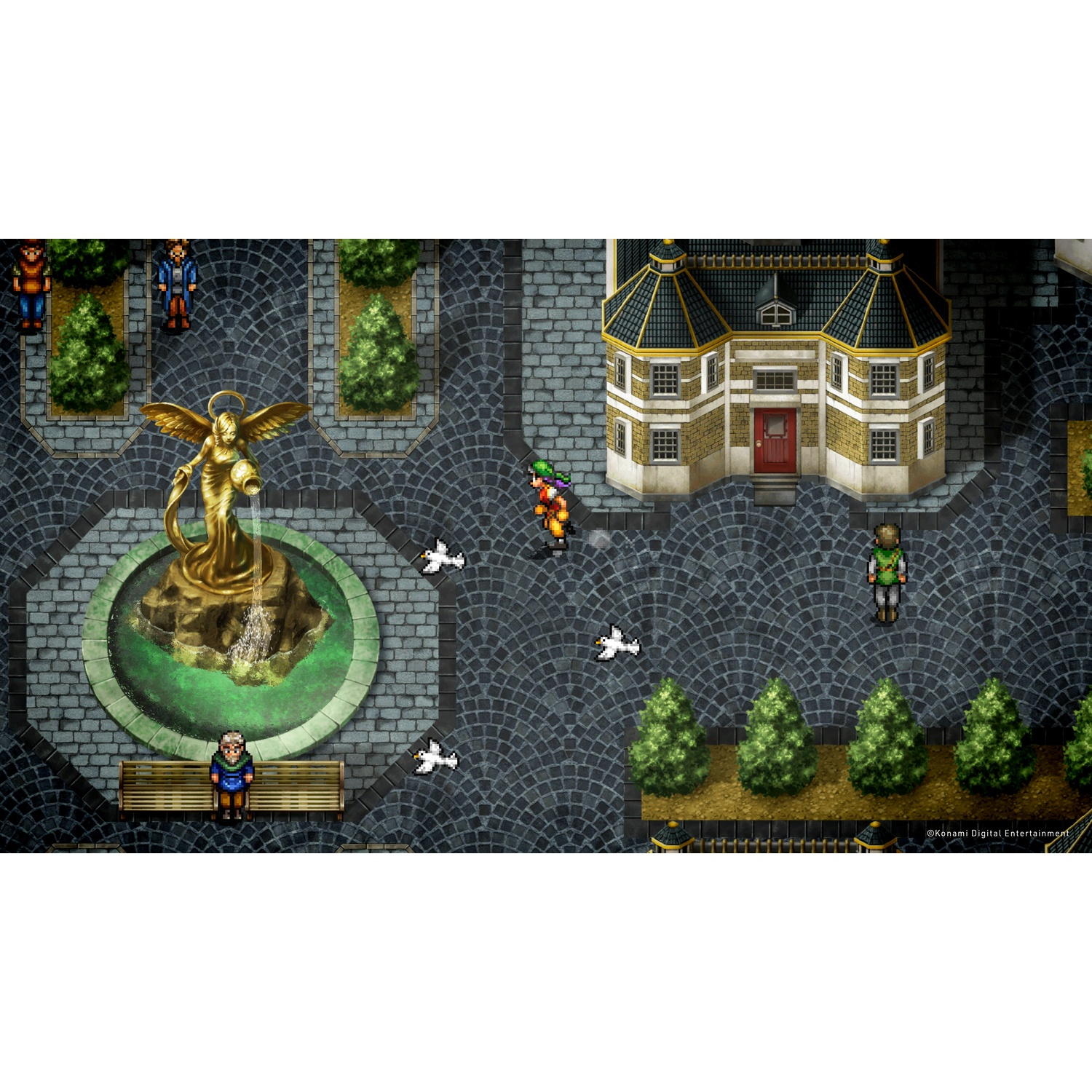 Bovenaanzicht van een gepixeleerde game-scene met een fontein, gebouwen, bomen en personages.