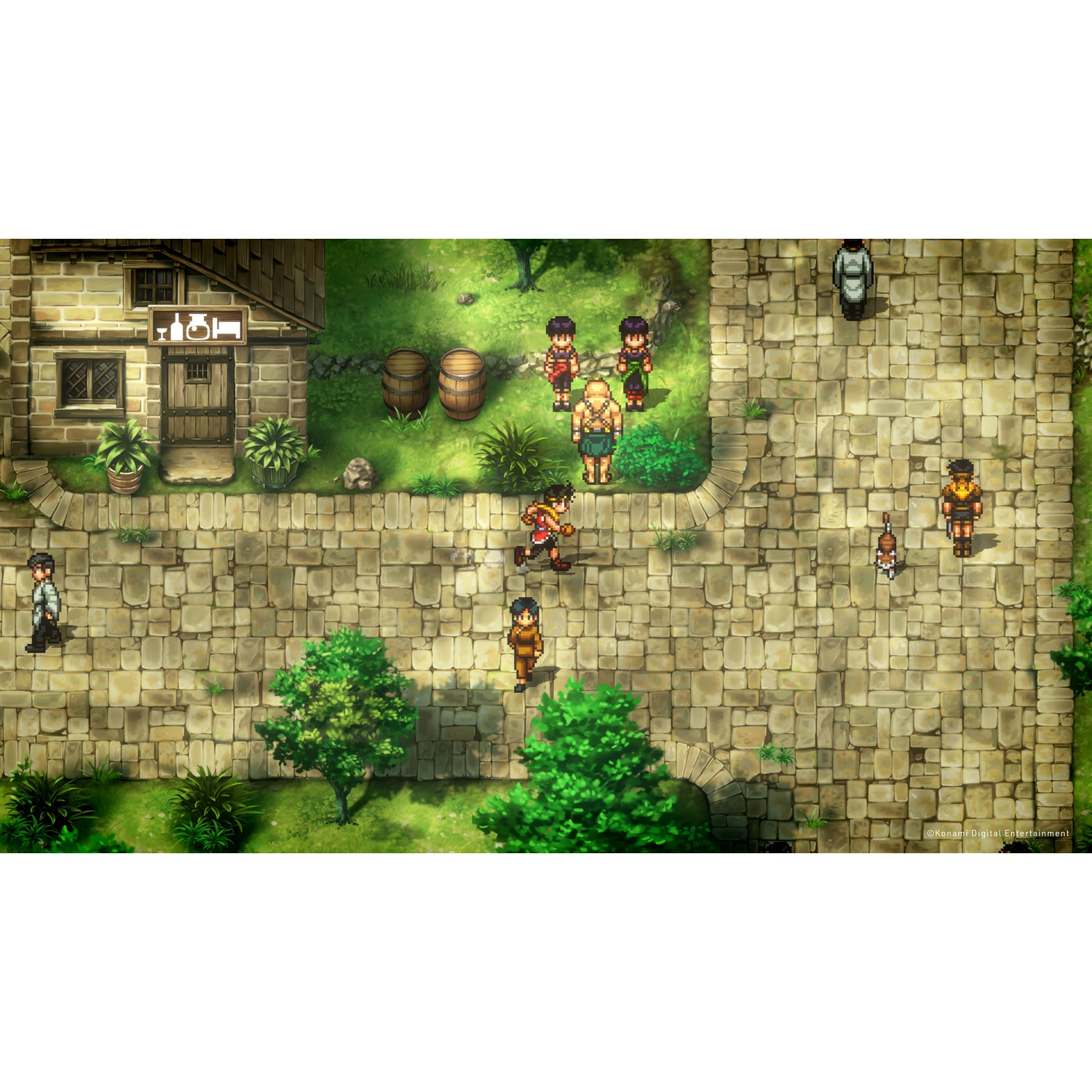 Bovenaanzicht van een gepixeleerde game-scene met gebouwen, een weg, bomen en personages.