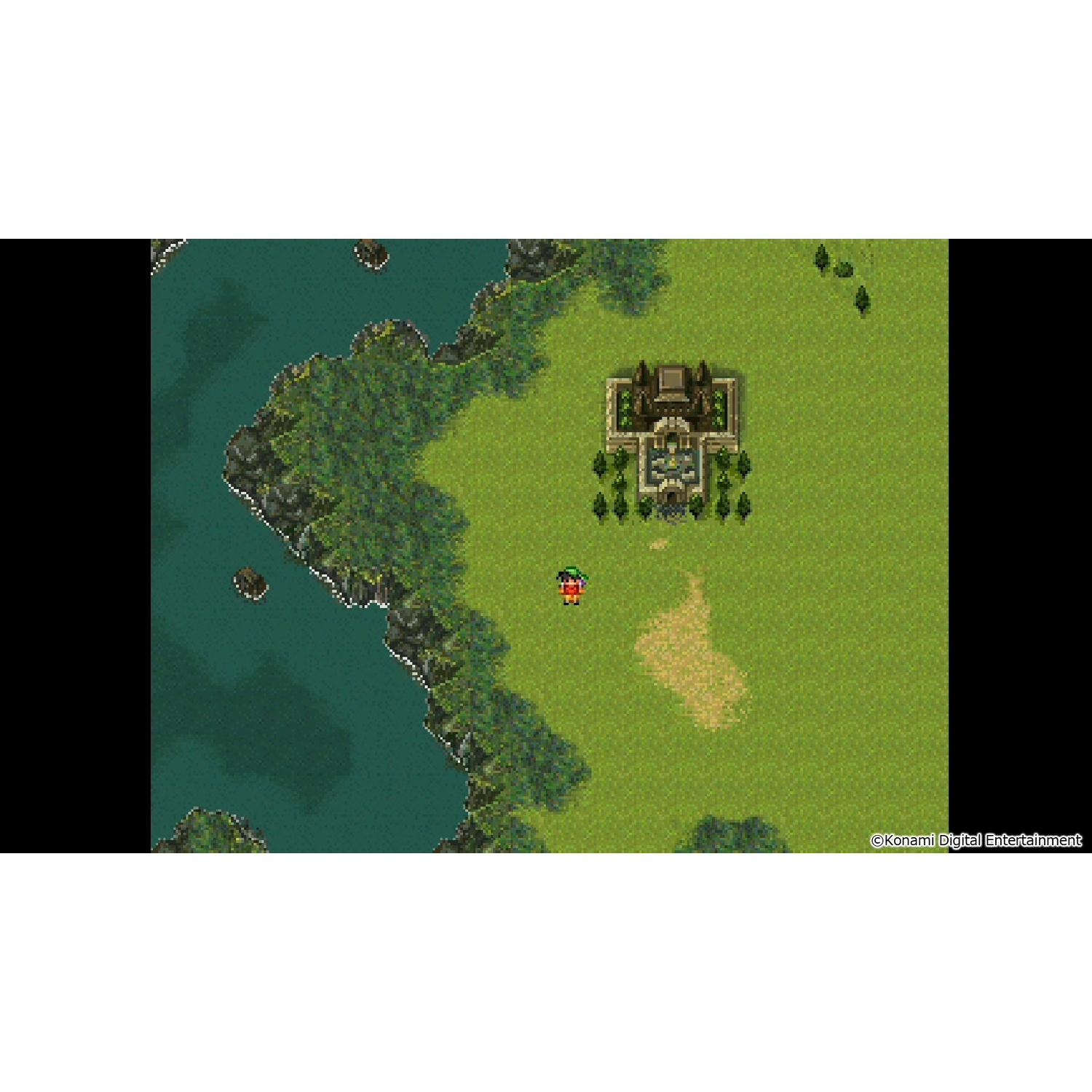 Gepixeleerde kaart van een kasteel op een groen veld met water en bomen, uit een spel.