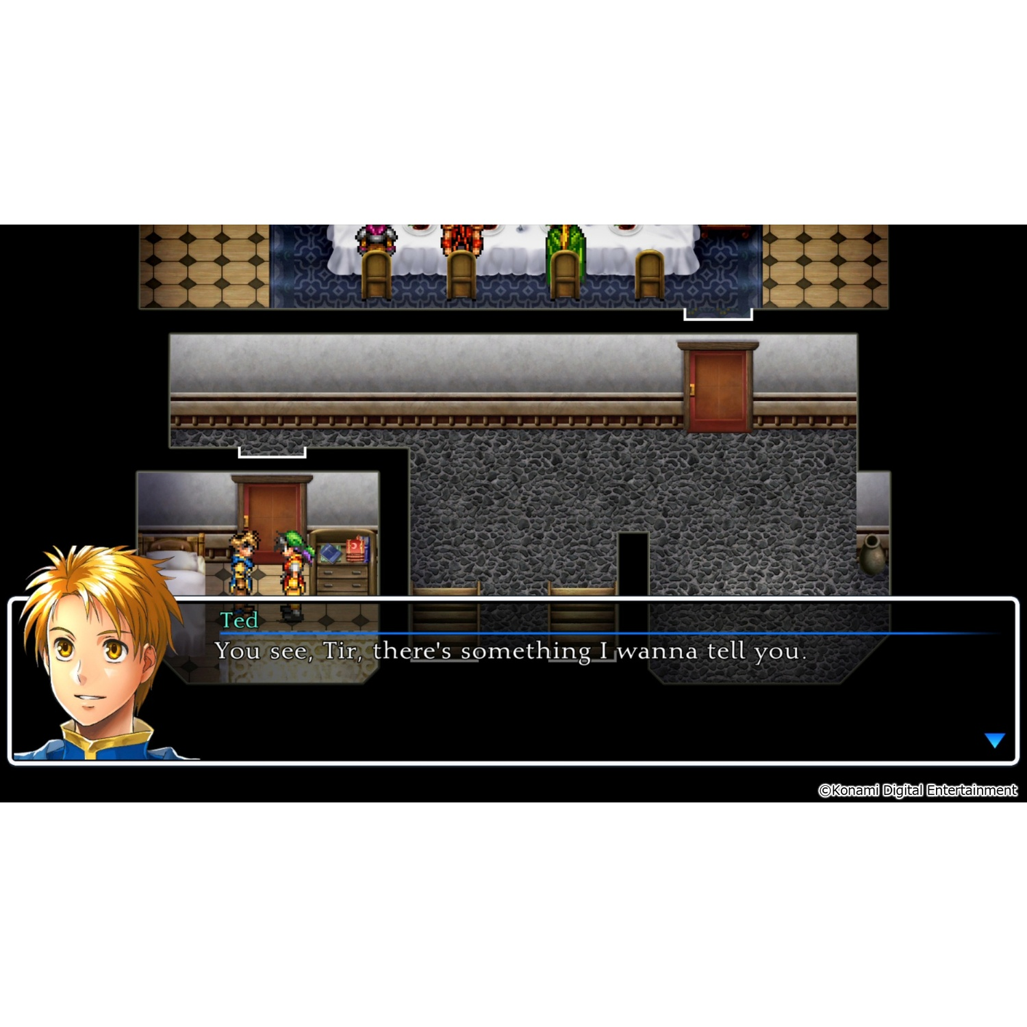 RPG game screenshot. Een jonge man praat in een kamer. Tekstvak onderaan.