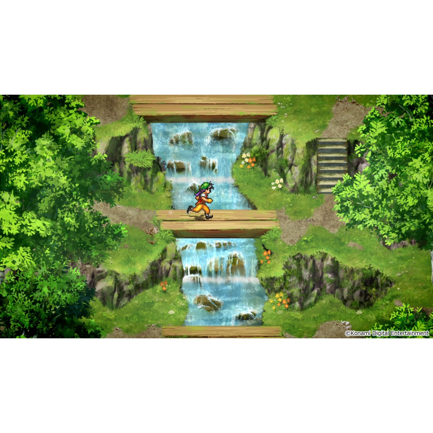 Een gepixeleerde videogame-scène van een personage dat op een houten brug over watervallen rent.