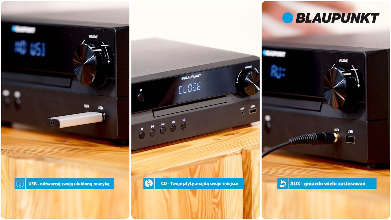 Czarny system stereo Blaupunkt z wejściami USB, CD i AUX, z tłem drewnianej powierzchni.