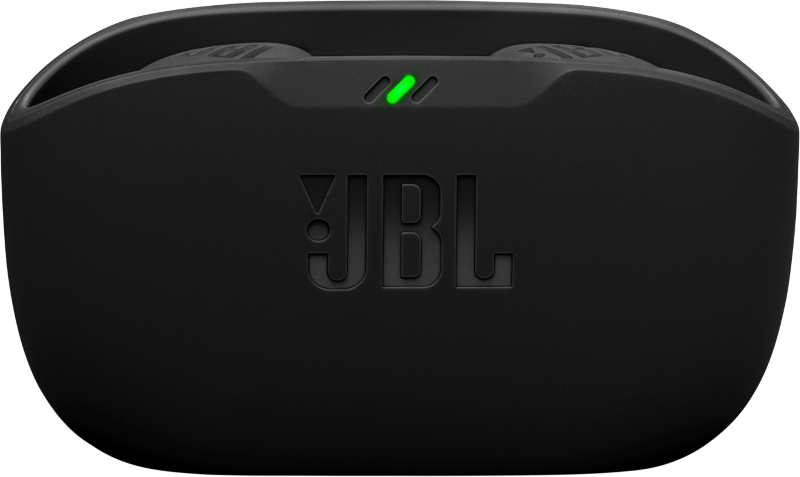 Schwarzes JBL-Kopfhörer-Ladeetui mit grünem Licht, JBL-Logo sichtbar. Draufsicht.