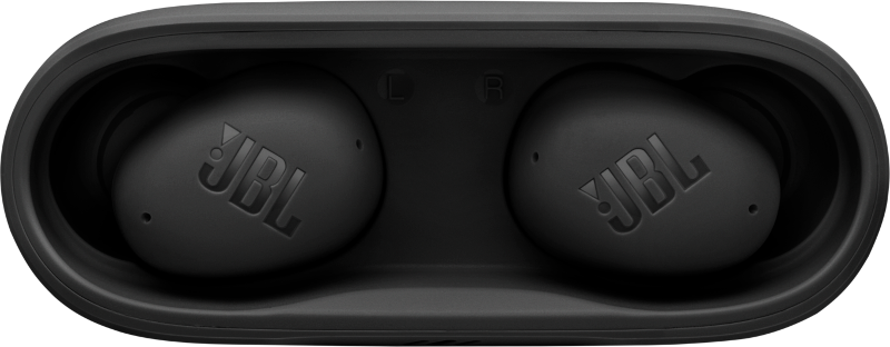 Schwarze JBL-Ohrhörer in Ladecase, die die inneren Hohlräume zeigen. Klare Sicht.