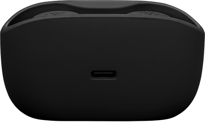Schwarzes Ohrhörer-Ladecase mit USB-C-Anschluss. Weißer Hintergrund.