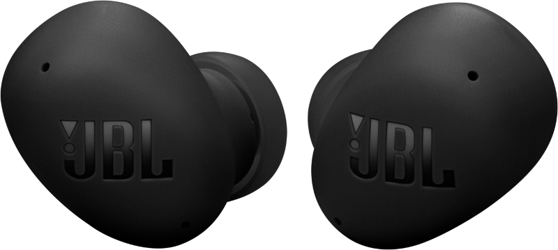 Schwarze JBL-Ohrhörer. Zwei Ohrhörer nebeneinander.