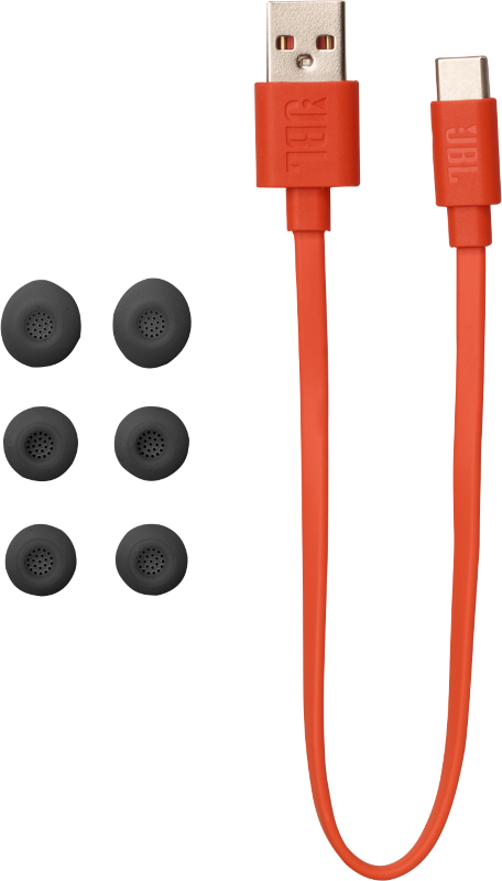 JBL-Kopfhörerzubehör: ein oranges USB-Kabel und Ohrstöpsel.