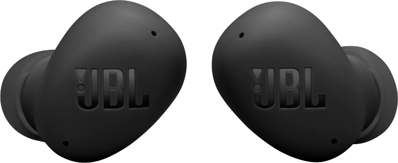 Zwei schwarze JBL-Ohrhörer auf schwarzem Hintergrund, mit JBL-Logo auf jedem Ohrhörer.