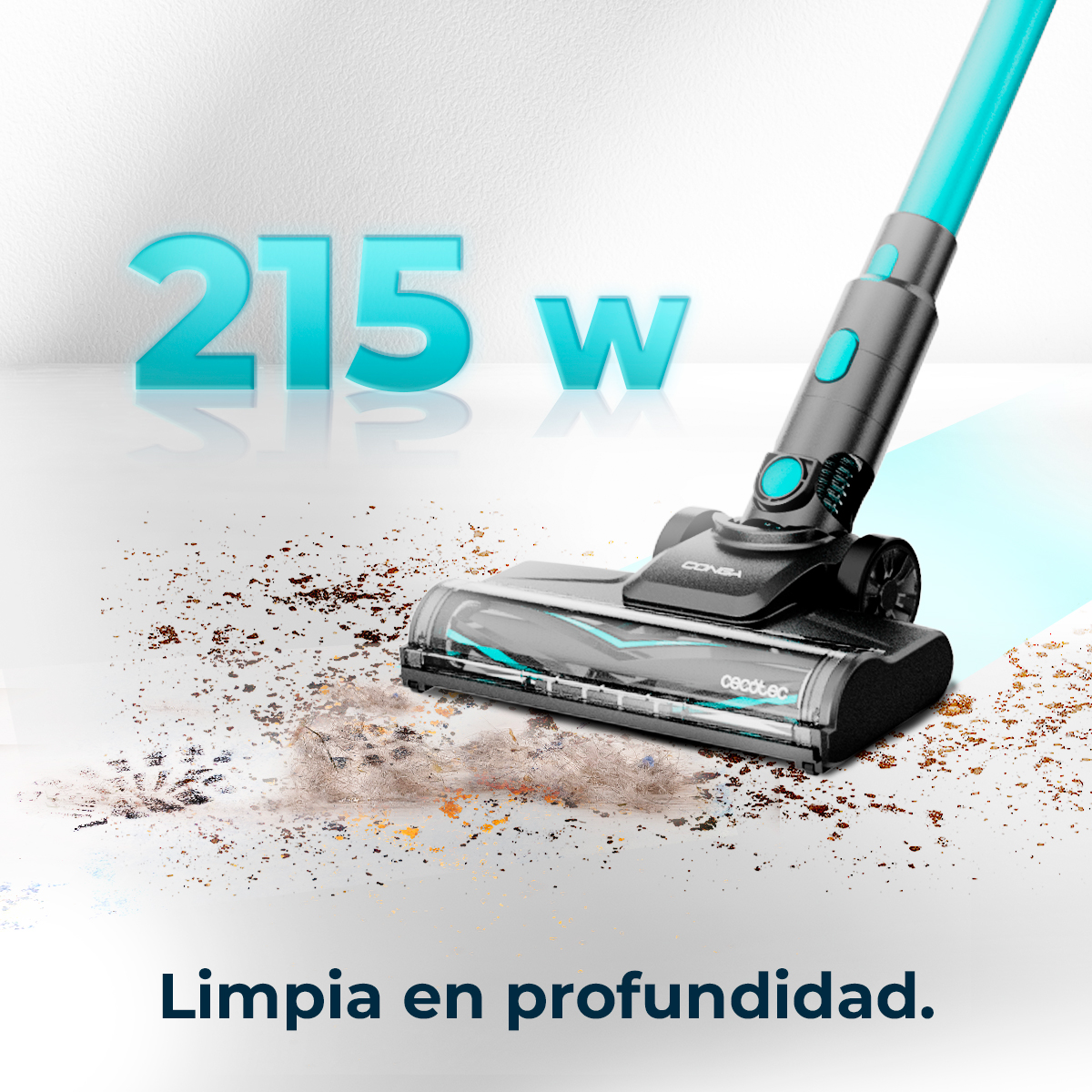 Aspiradora limpiando un suelo sucio. Textos '215W' y 'Limpia en profundidad' están presentes.