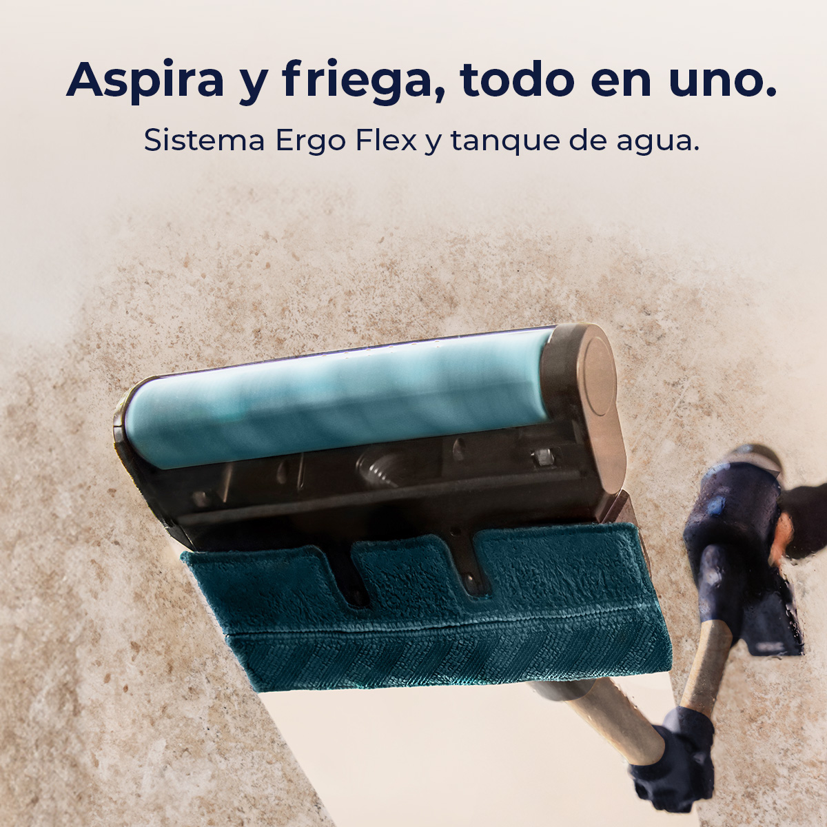 Se muestra una herramienta de limpieza con una almohadilla azul en una pared.