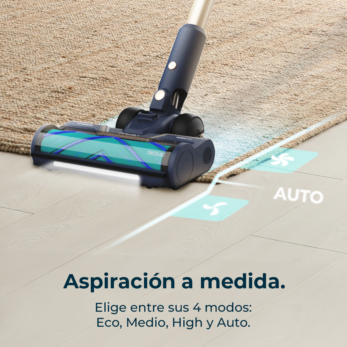 Una aspiradora limpiando un suelo de madera clara, con texto y elementos gráficos.