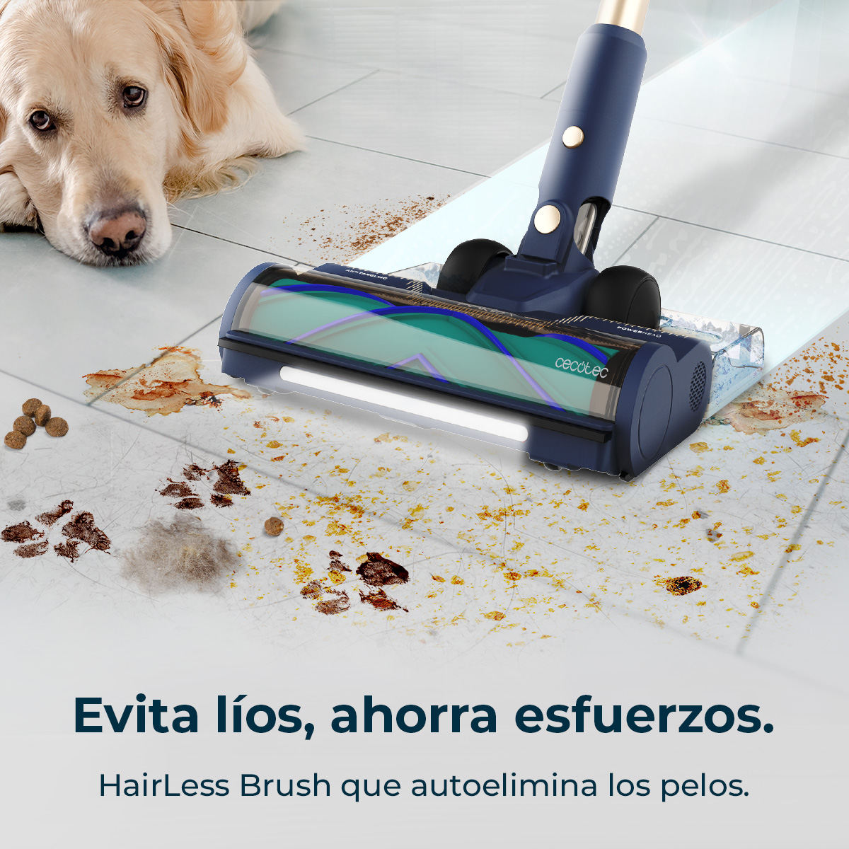 Una aspiradora está limpiando un suelo sucio. Un perro está en el fondo, mirando el desastre.