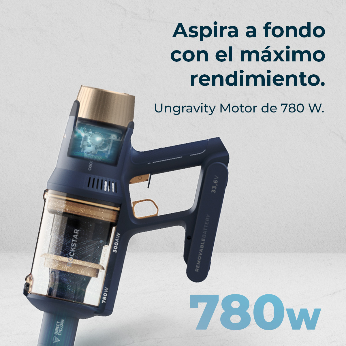 Aspiradora con texto. Partes internas y potencia de 780W visibles.