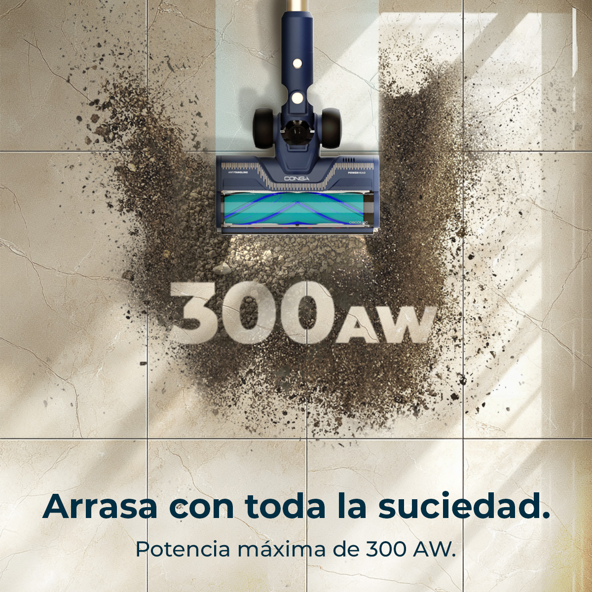 Cabezal de aspiradora con suciedad en suelo de baldosas y texto sobre potencia.