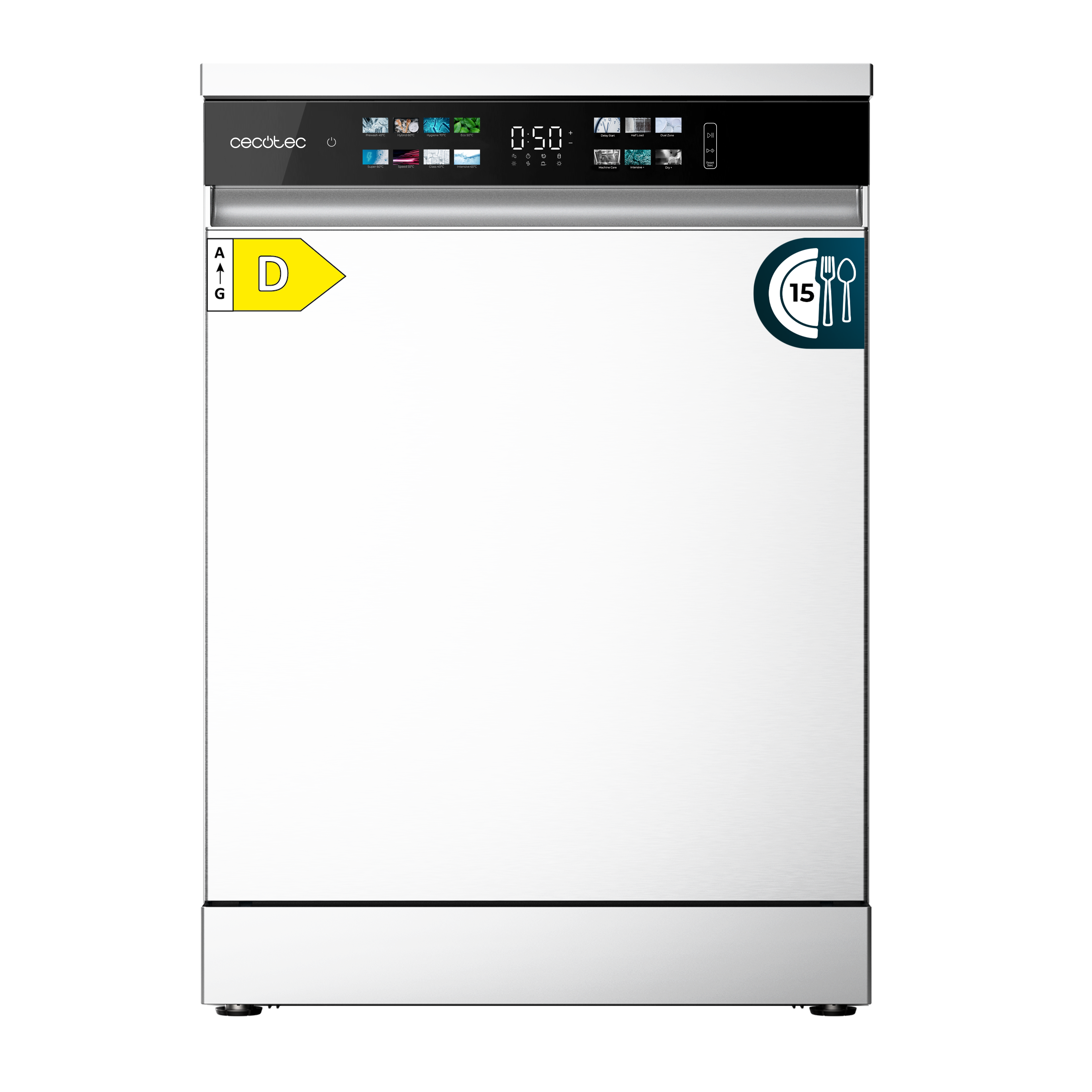 Un lavavajillas blanco con la parte superior negra. Tiene una pantalla y un panel de control. Hay una etiqueta energética D.