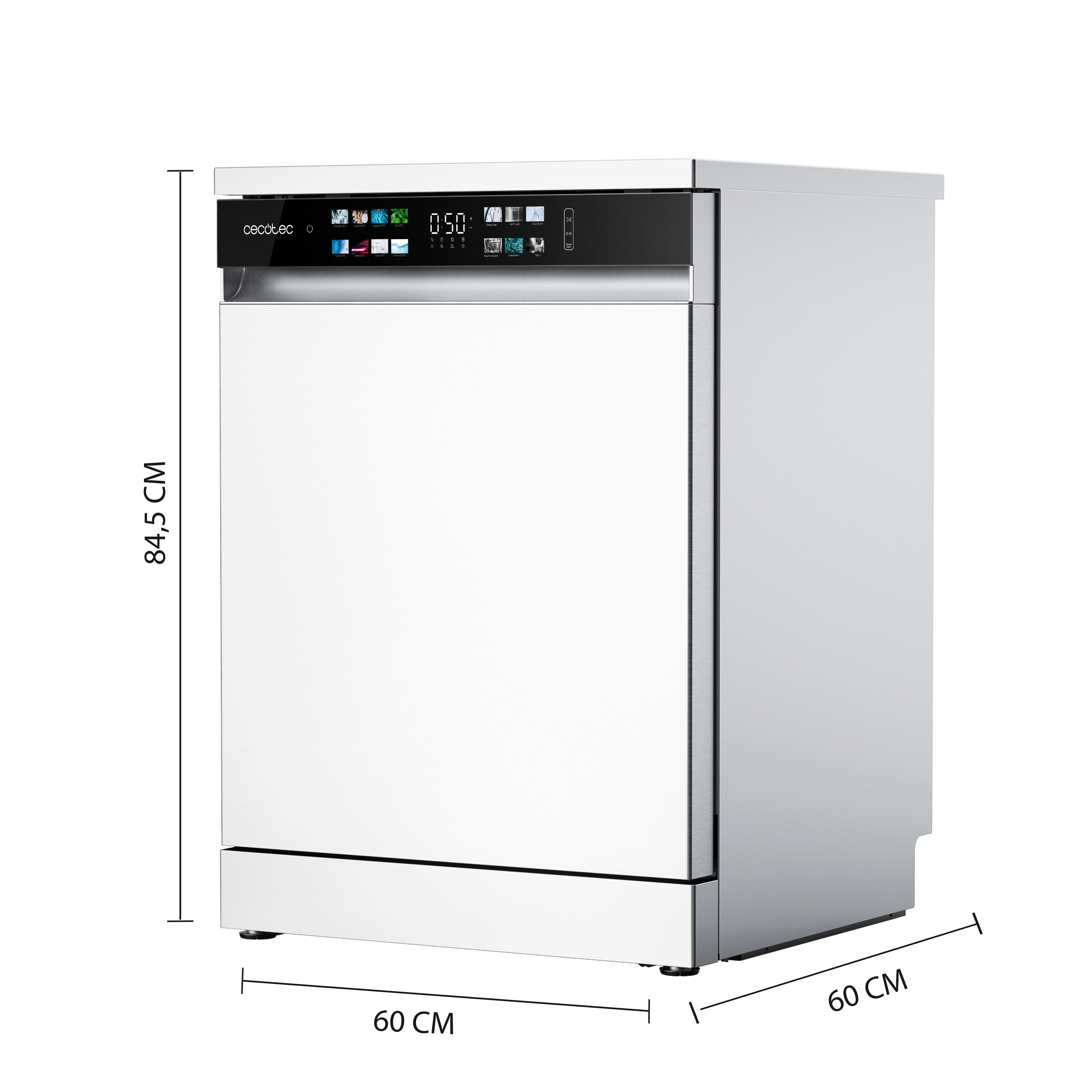 Un lavavajillas blanco con dimensiones de 84,5 cm de alto y 60 cm de ancho.