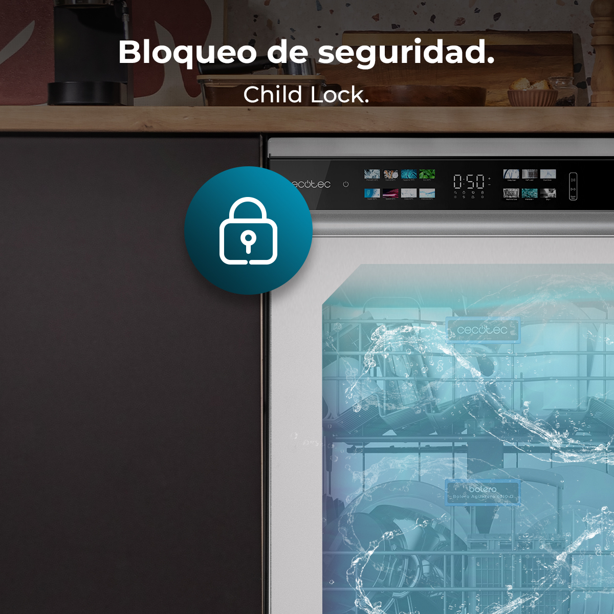 Una puerta de lavavajillas con un icono de bloqueo infantil y rociado de agua en el interior.