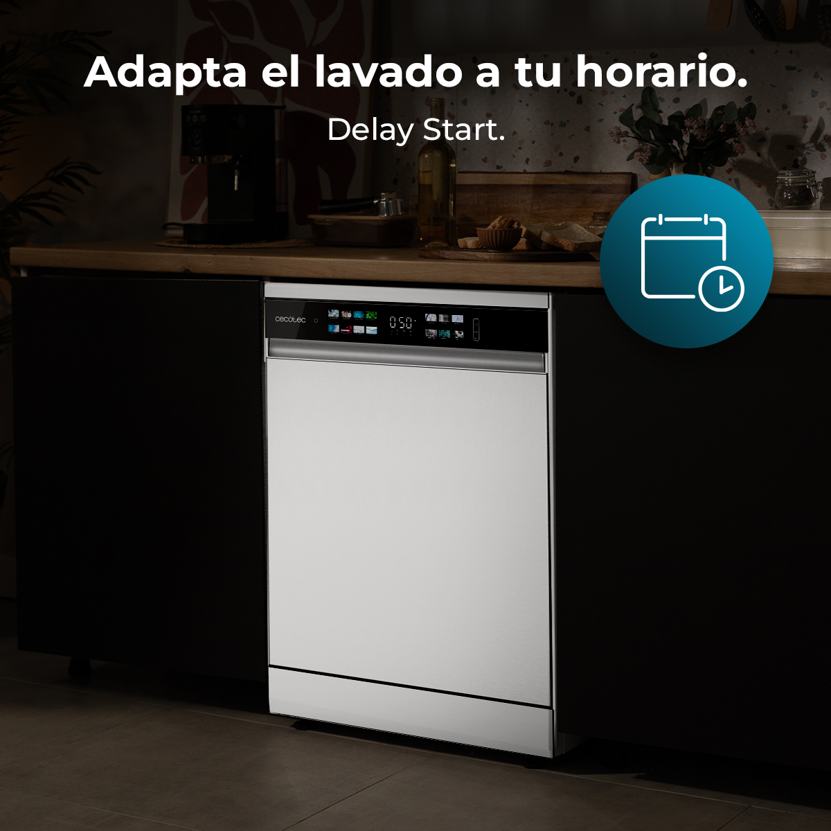 Lavavajillas blanco en una cocina. Texto: Delay Start. El temporizador muestra 0:50. Icono: Calendario.