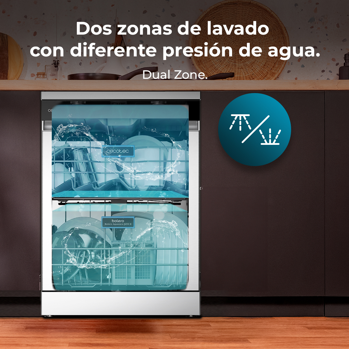 Un lavavajillas con dos zonas de lavado, mostrado con la puerta abierta, con un diagrama.