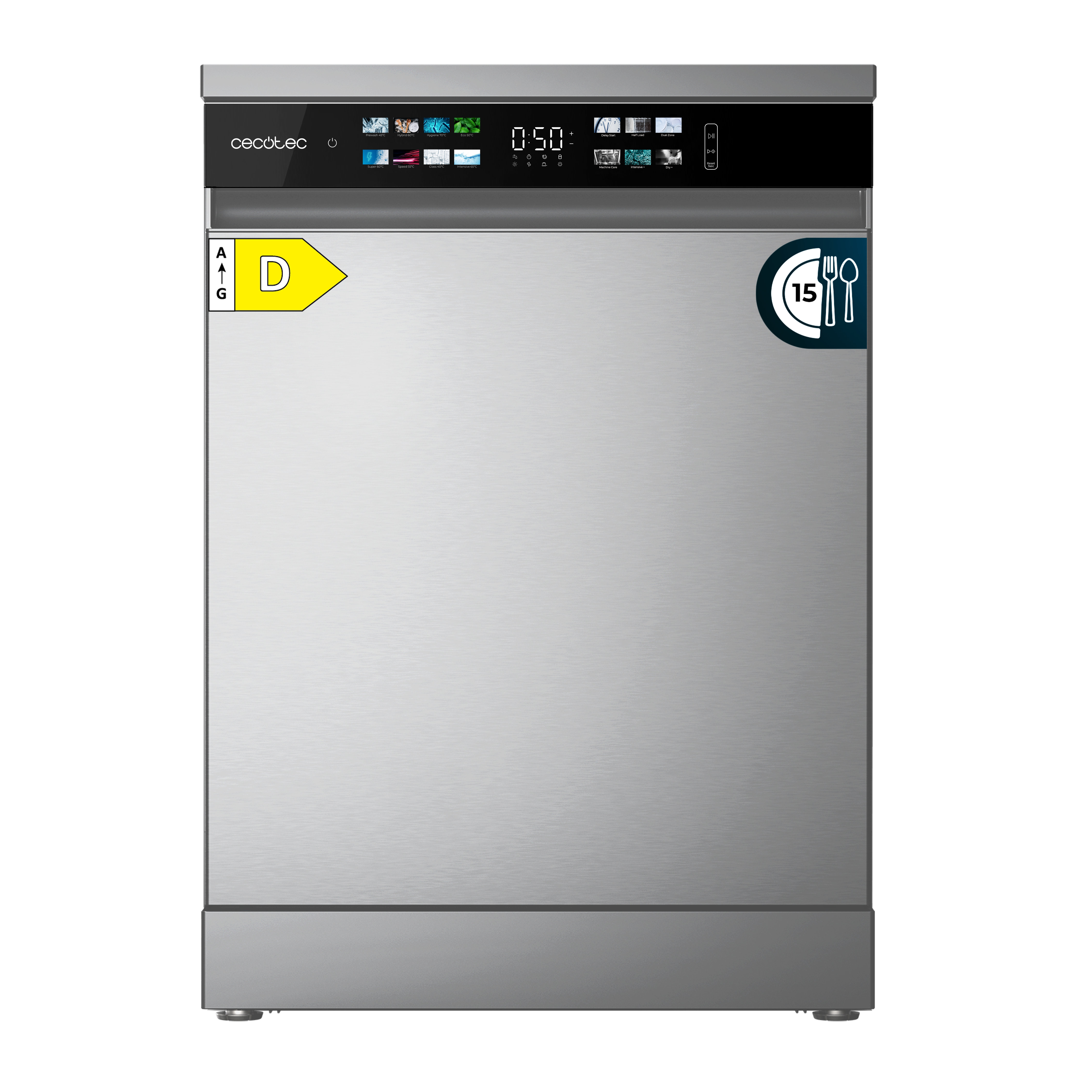 Un lavavajillas de acero inoxidable con panel de control y etiqueta de eficiencia energética sobre fondo negro.