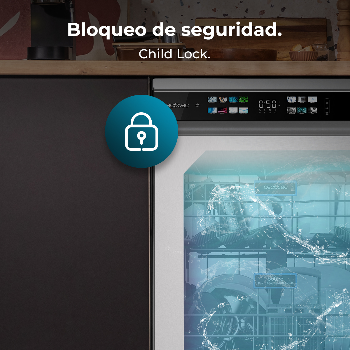 Lavavajillas con un icono y texto de bloqueo infantil, y un efecto de salpicaduras de agua azul.