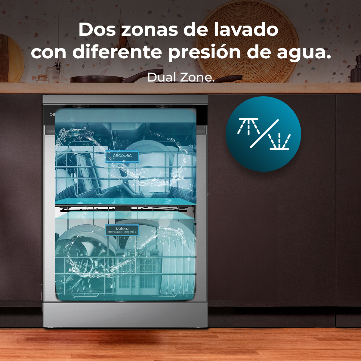 Lavavajillas con dos compartimentos, mostrando chorros de agua. Texto: Dos zonas de lavado...