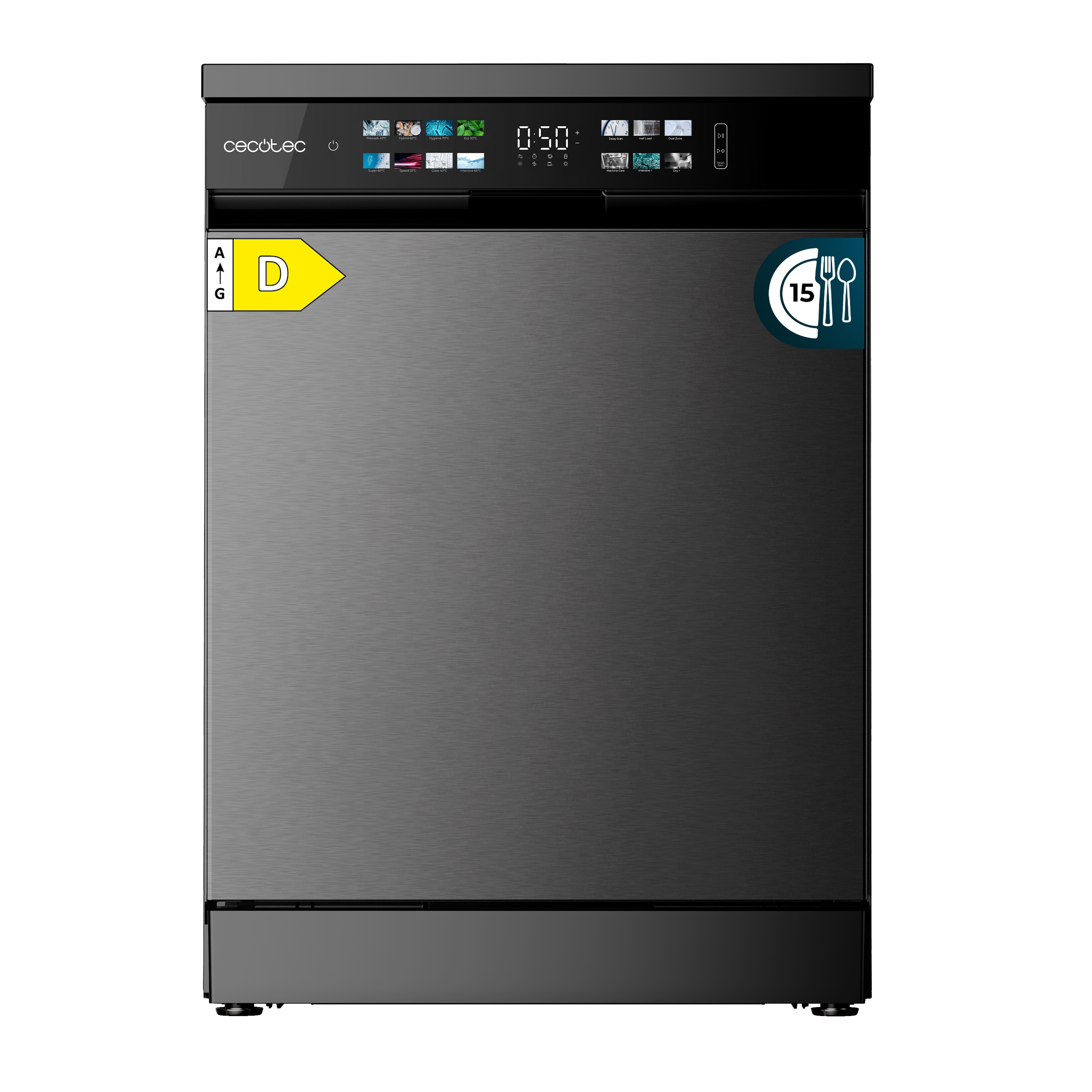 Un lavavajillas negro con pantalla, etiqueta energética D y un icono de 15 cubiertos.