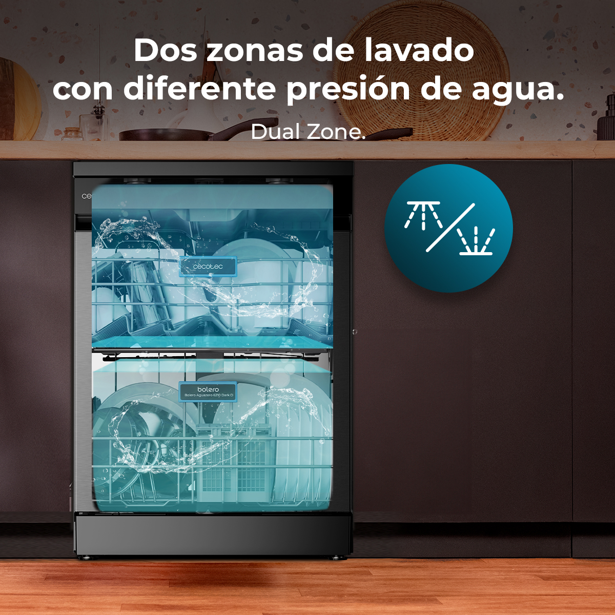 Lavavajillas con dos zonas e indicadores de presión de agua.