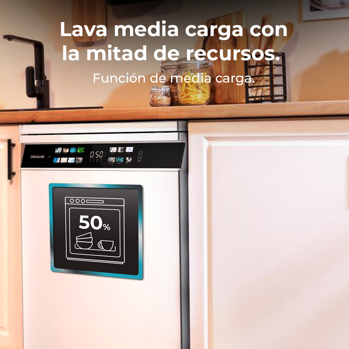 Un lavavajillas con texto que dice que puede lavar media carga con la mitad de los recursos.