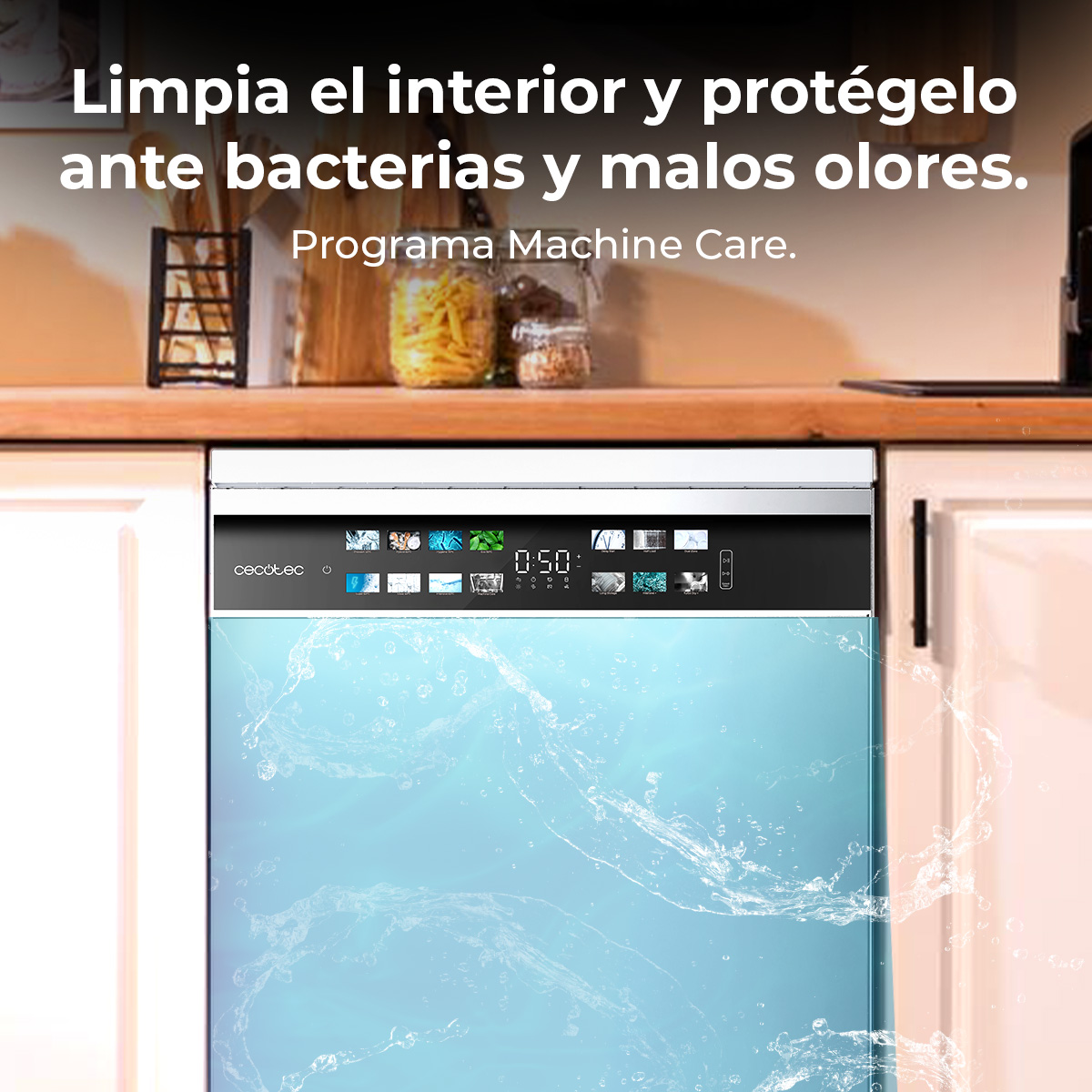 Lavavajillas con agua azul y texto: Limpia el interior y protege contra bacterias.