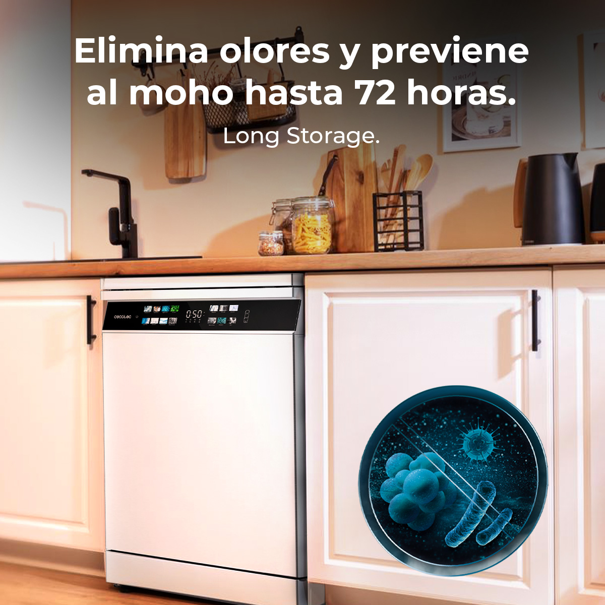 Lavavajillas blanco en cocina con texto sobre eliminación de olores y prevención de moho.