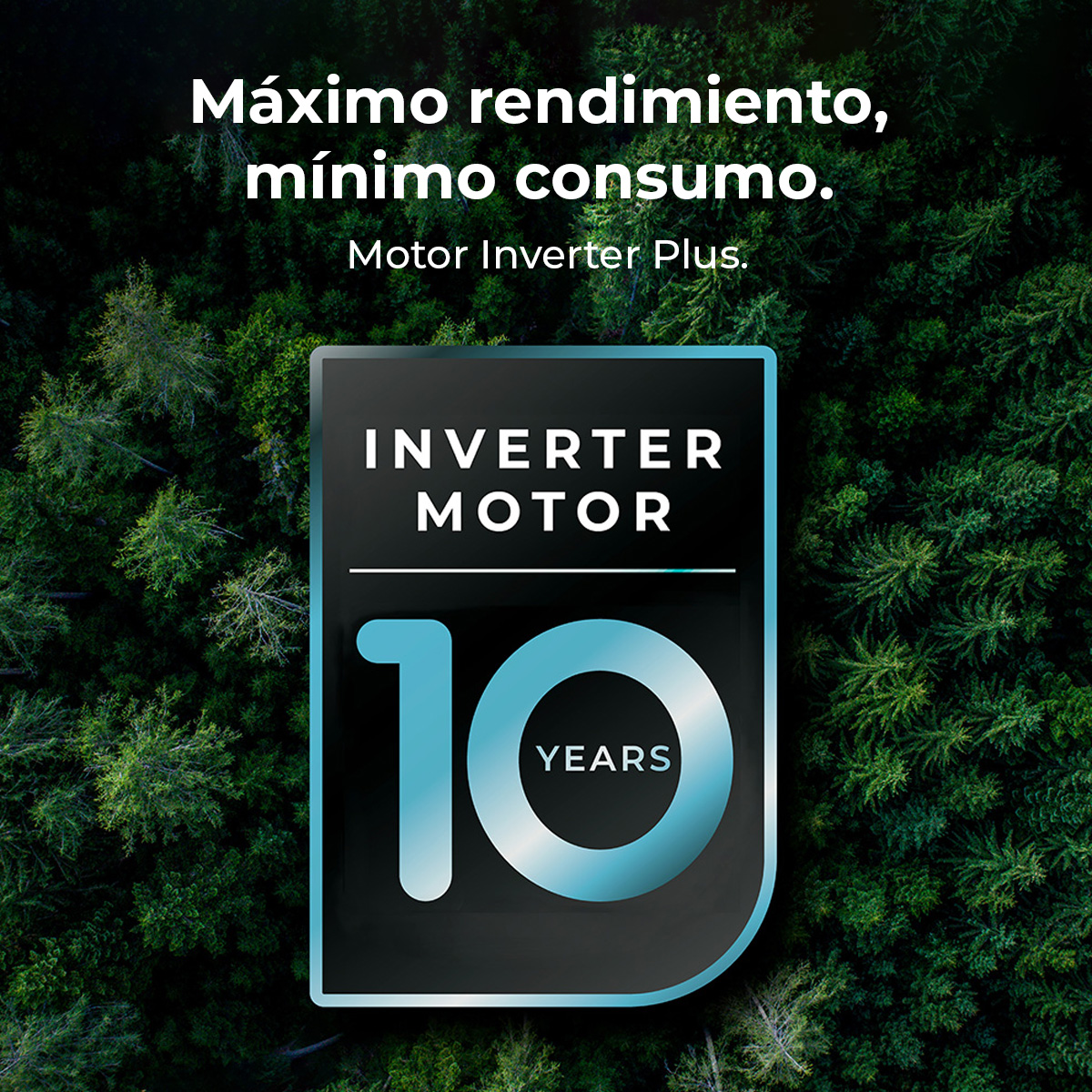Un logotipo con el texto 'INVERTER MOTOR 10 YEARS' sobre un fondo de bosque.