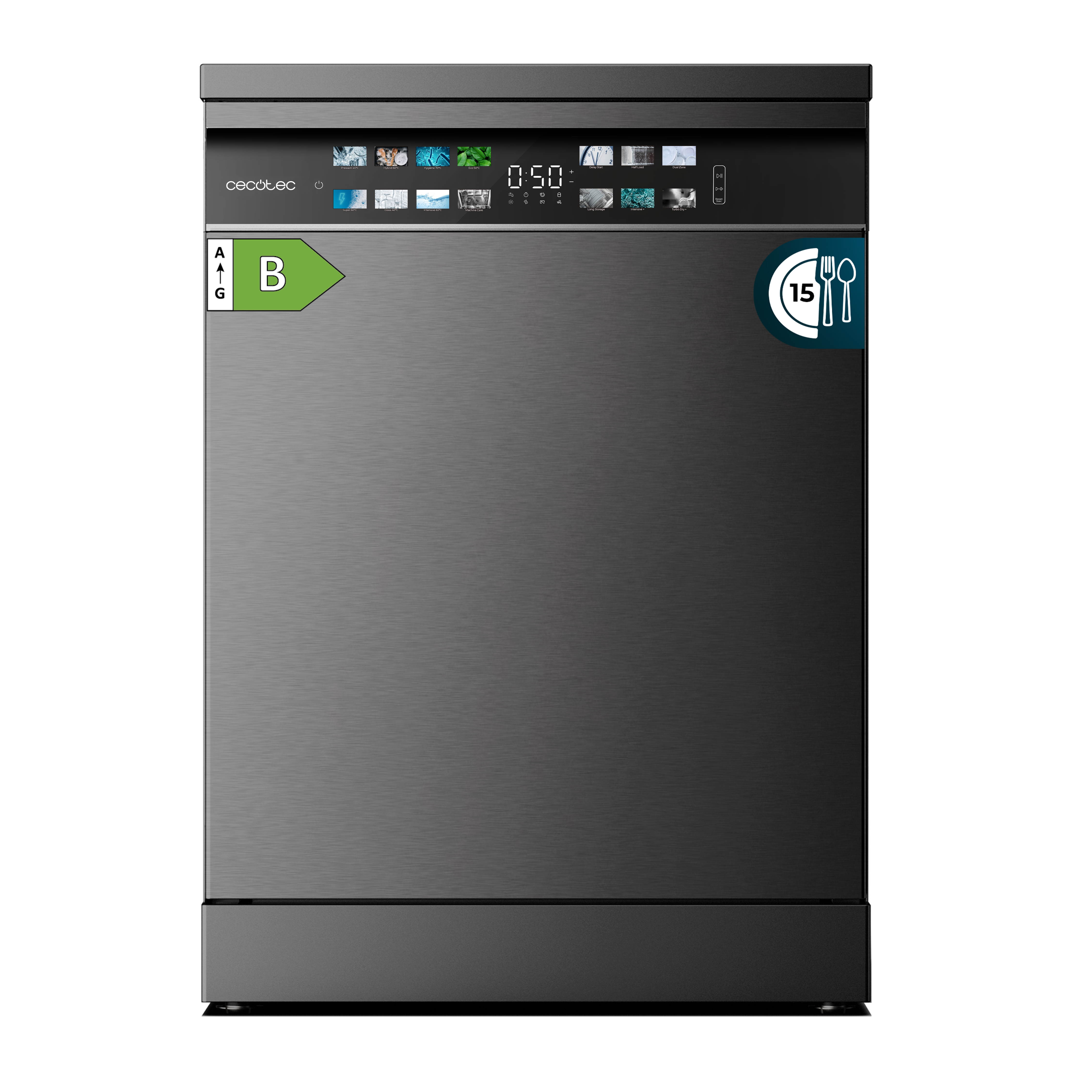 Lavavajillas negro. Vista frontal. Etiqueta de eficiencia energética. Icono: 15 cucharas.